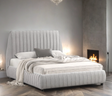Close-up of gray boucle fabric upholstery on Oasis bed