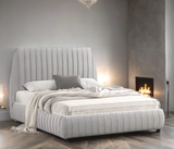 Close-up of gray boucle fabric upholstery on Oasis bed