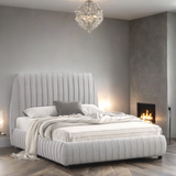 Side view of Oasis gray upholstered platform bed
