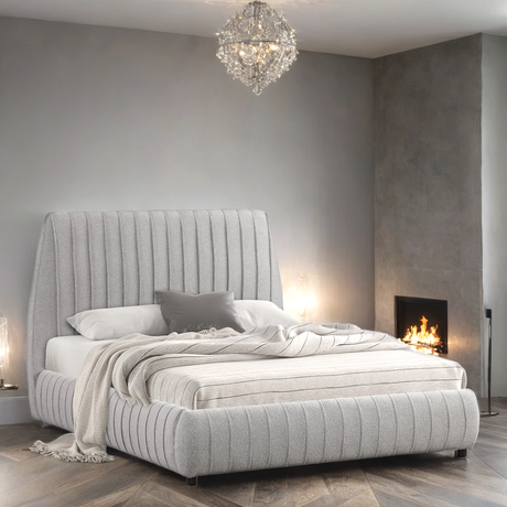 Side view of Oasis gray upholstered platform bed