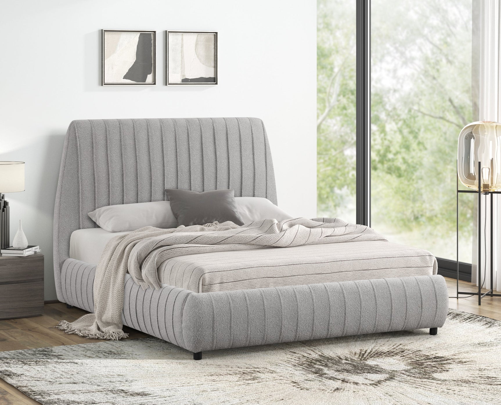 Oasis queen bed showing modern design and fabric texture