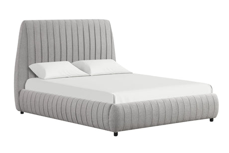 Oasis platform bed with soft gray upholstery detail