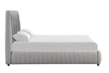 Bedroom with Oasis queen platform bed in gray boucle