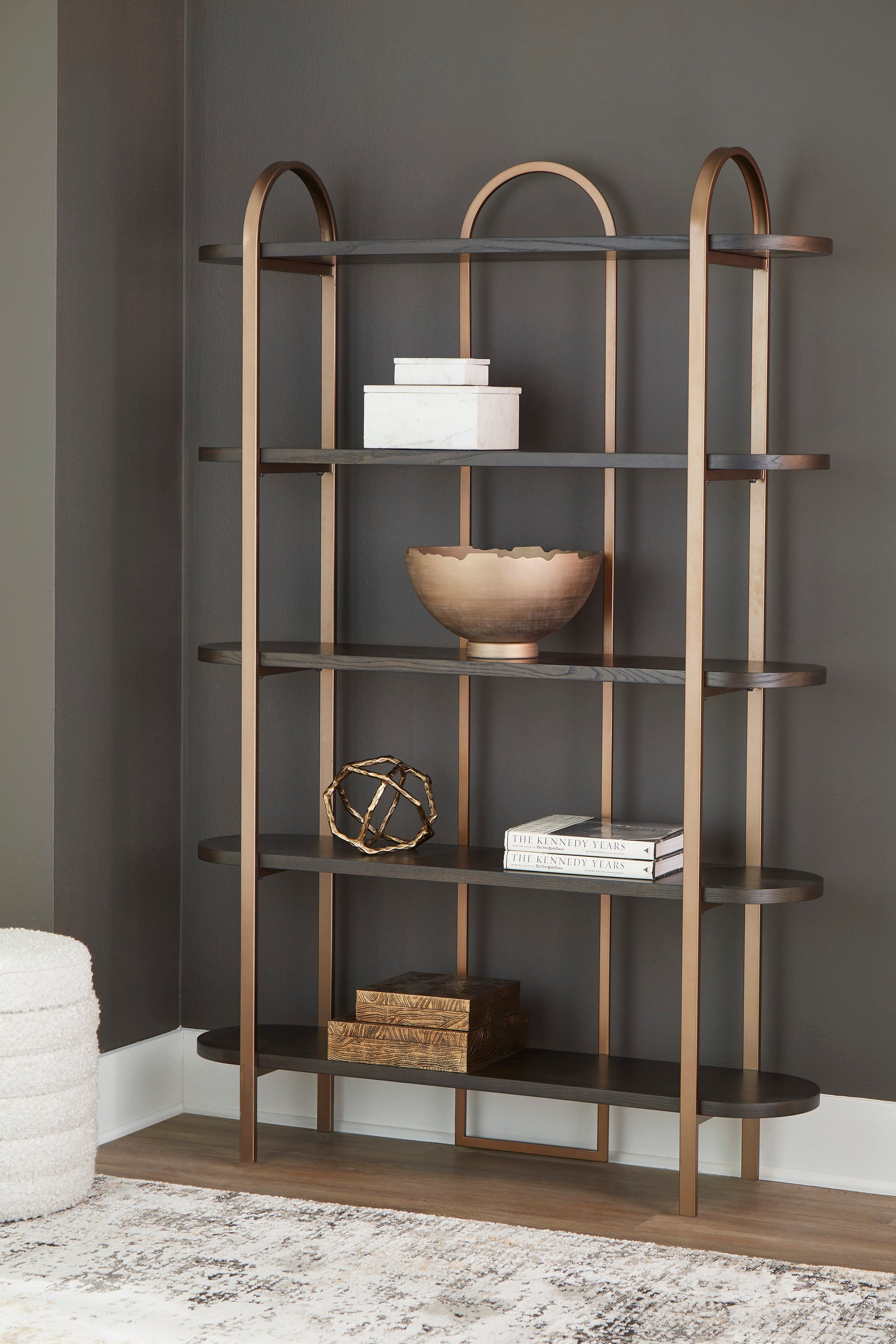 Brentmour bookcase brown gold finish side view