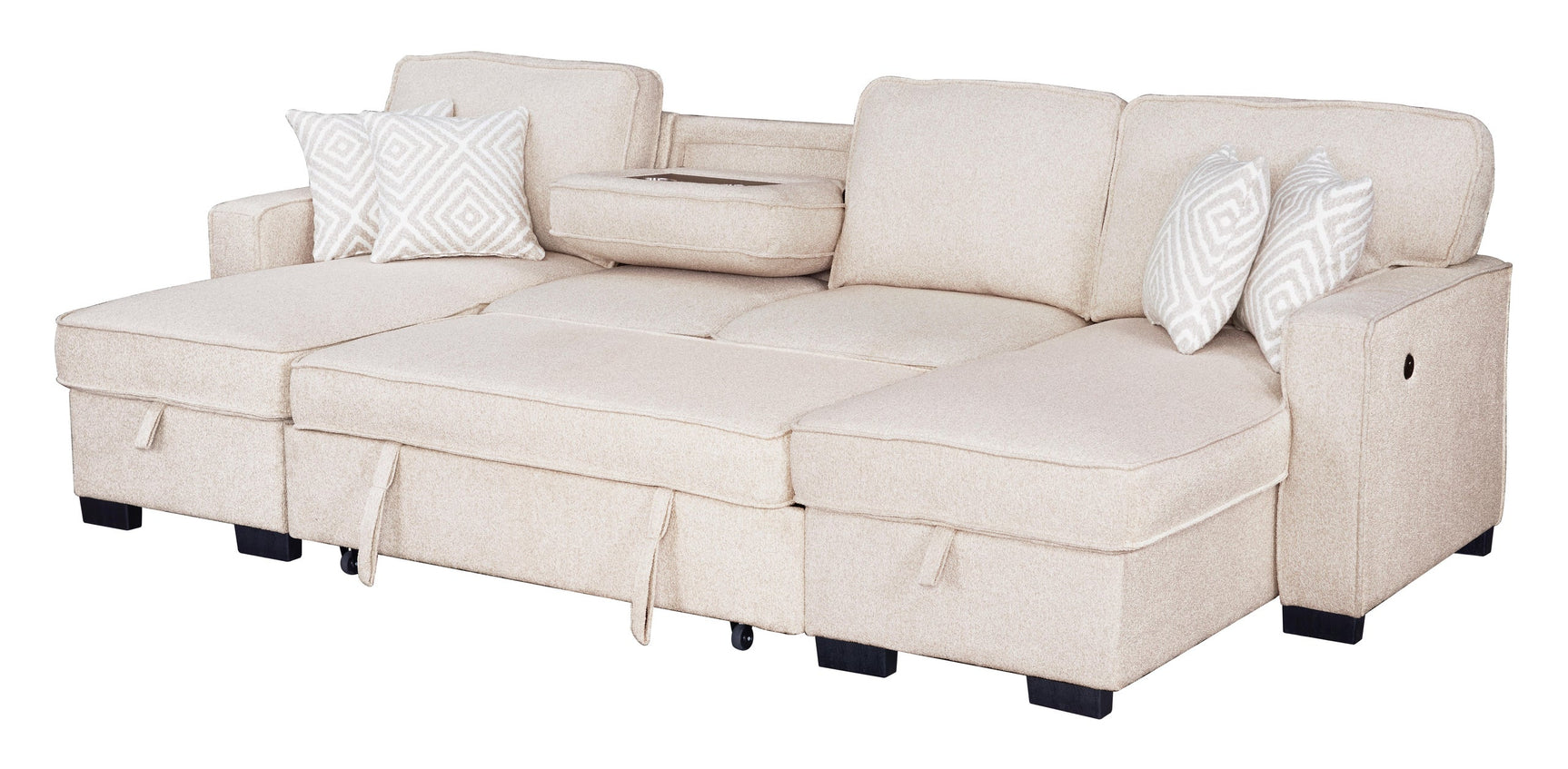 side view of Sahara Beige Double Storage Chaise Sectional w Drop Down Cupholders sectional sofa