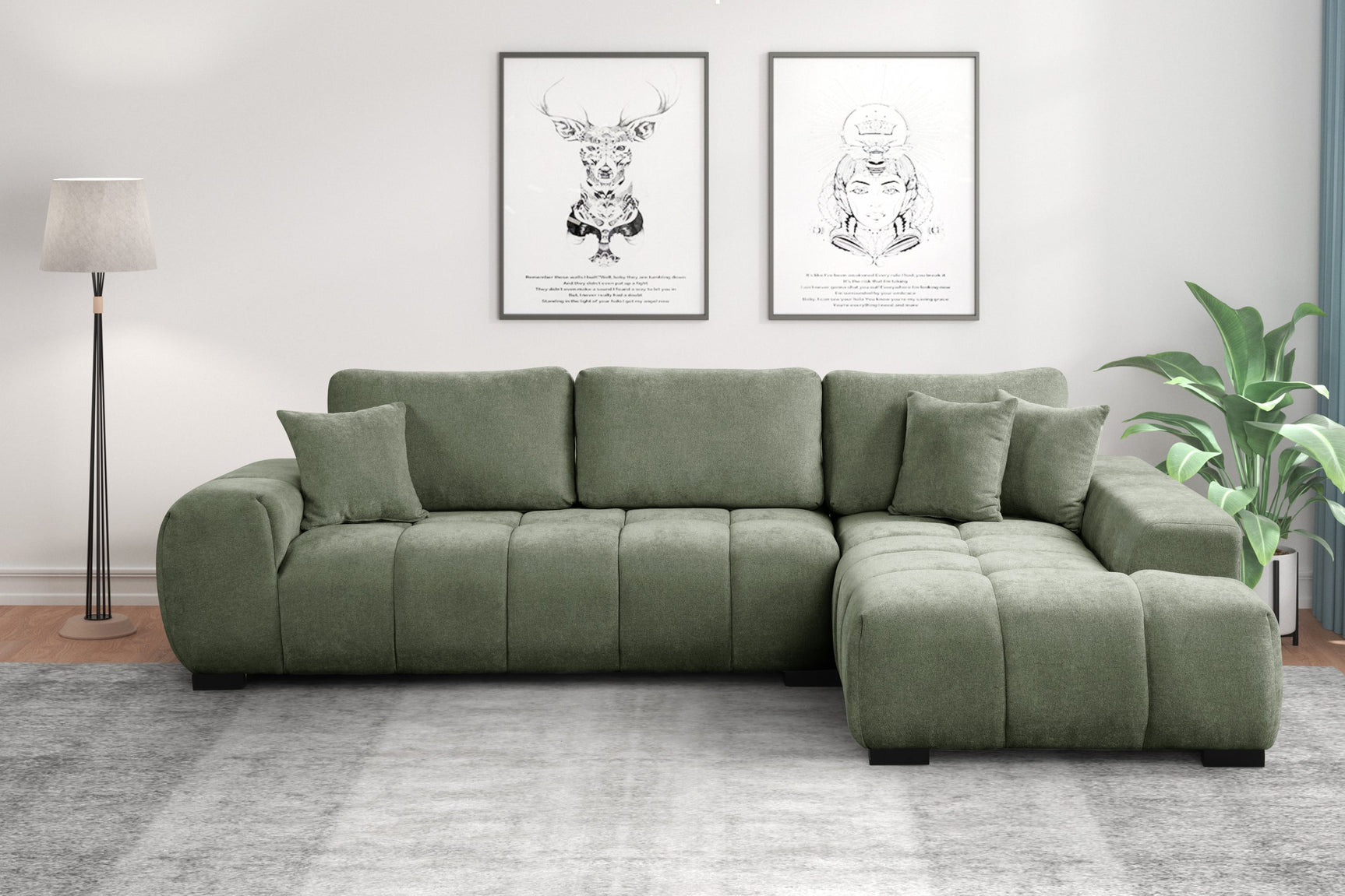 Side view of Manhattan Green Sectional Sofa showing chaise