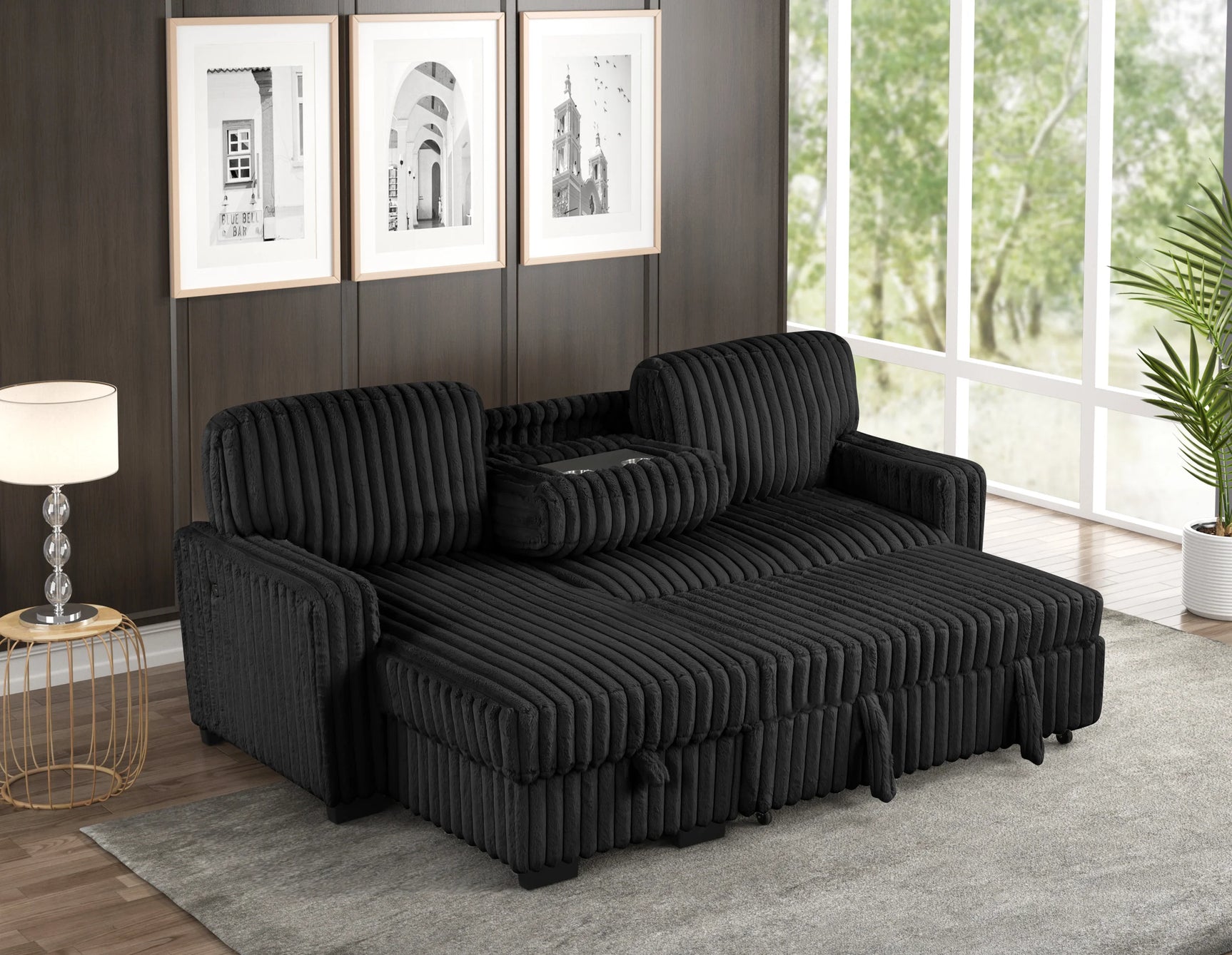 Detail view of Poland Black Reversible Sectional Sofa upholstery and features