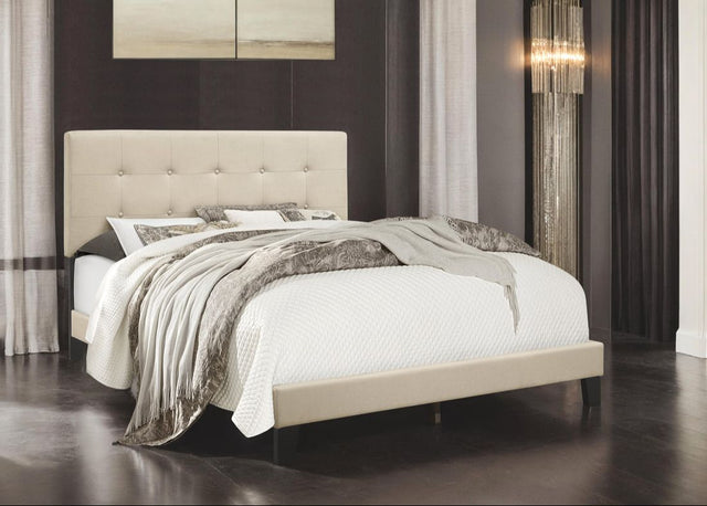 Side view of Nini full platform bed with fog linen upholstery