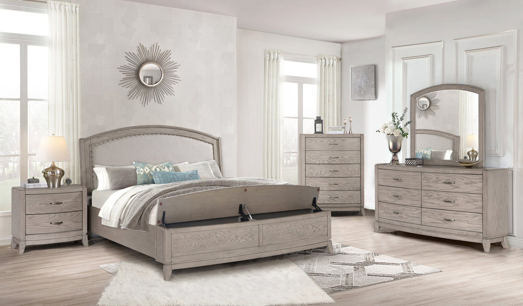 Side angle of Lima Light Gray Upholstered Bedroom Set bed