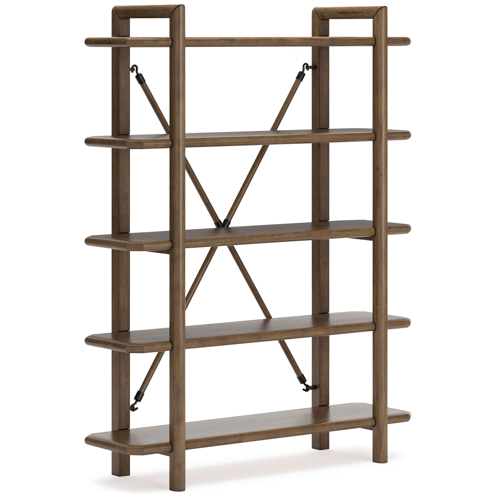 Close-up of Roanhowe brown wood bookcase shelving