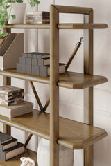 Side angle of Roanhowe brown wood bookcase