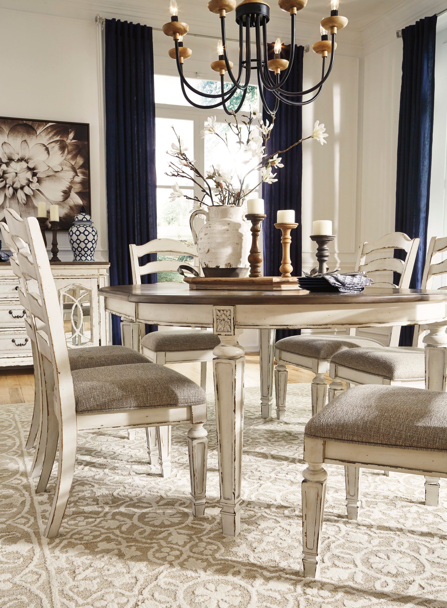detail view of chipped white finish on D743 dining set