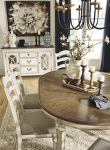 angled main view of D743 chipped white 7-piece dining set