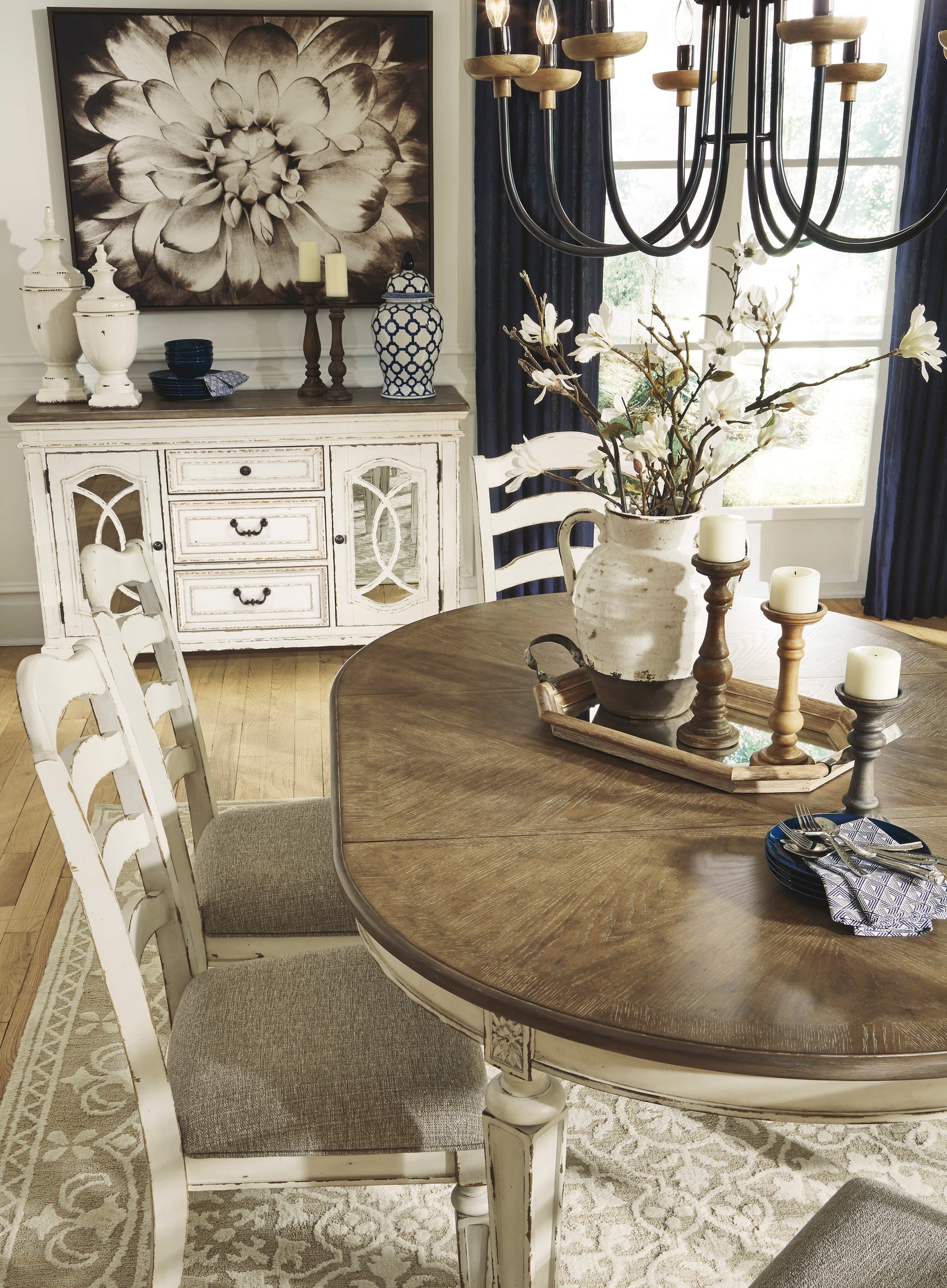 angled main view of D743 chipped white 7-piece dining set