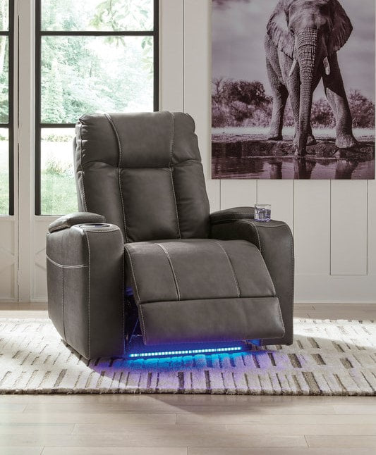 Den gray faux leather power recliner front view