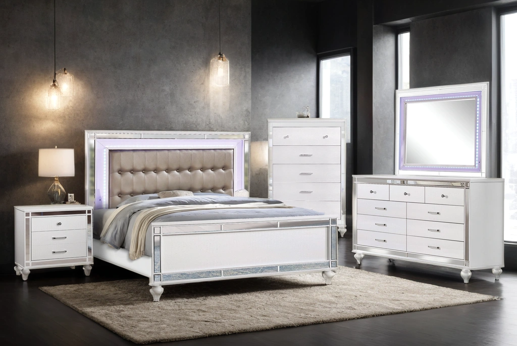 Bedroom view with Blanca White Brown Upholstered LED Panel Bedroom Set bed