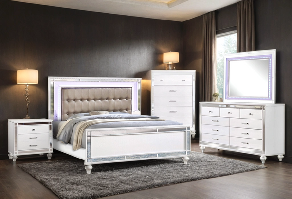 Blanca White Brown Upholstered LED Panel Bedroom Set bed front angle
