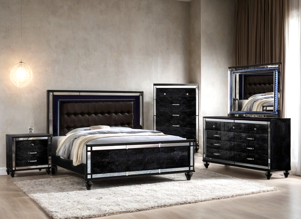 Side angle of Blanca black upholstered LED panel bedroom set bed