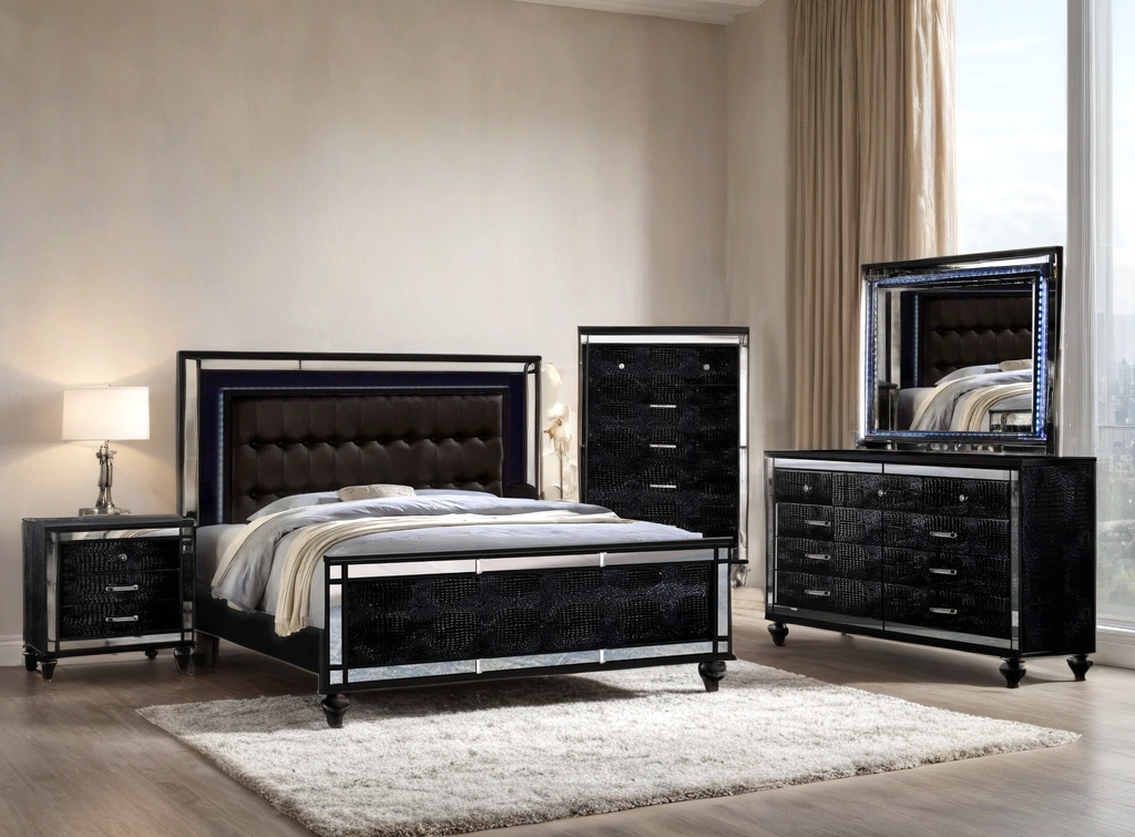 Bedroom setting featuring Blanca black upholstered LED panel bedroom set
