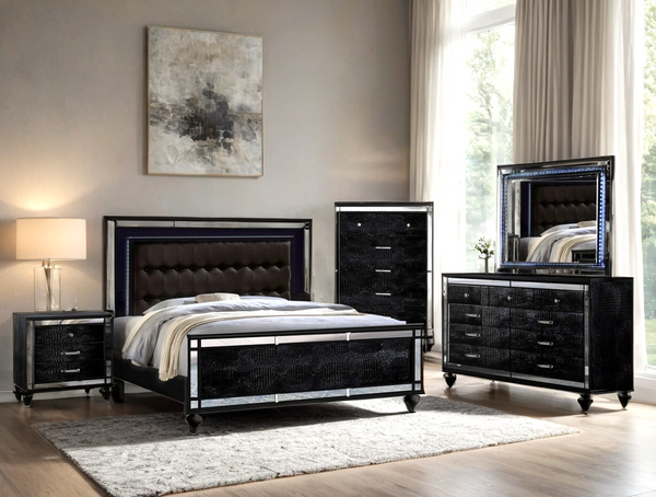 Blanca black upholstered LED panel bedroom set bed main front view