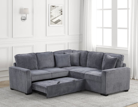 Side view of Ariel charcoal sectional sofa featuring USB charging ports