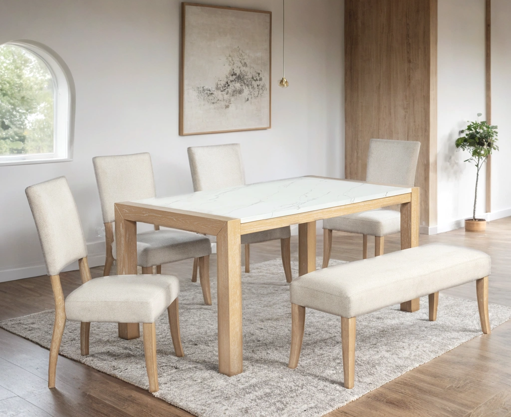 Mina Ivory Upholstered Dining Room Set in light oak finish, main view