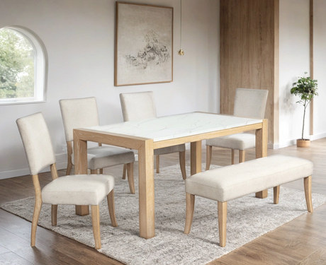 Mina Ivory Upholstered Dining Room Set in light oak finish, main view