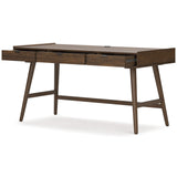 Side view of Lyncott Brown Desk highlighting tapered legs