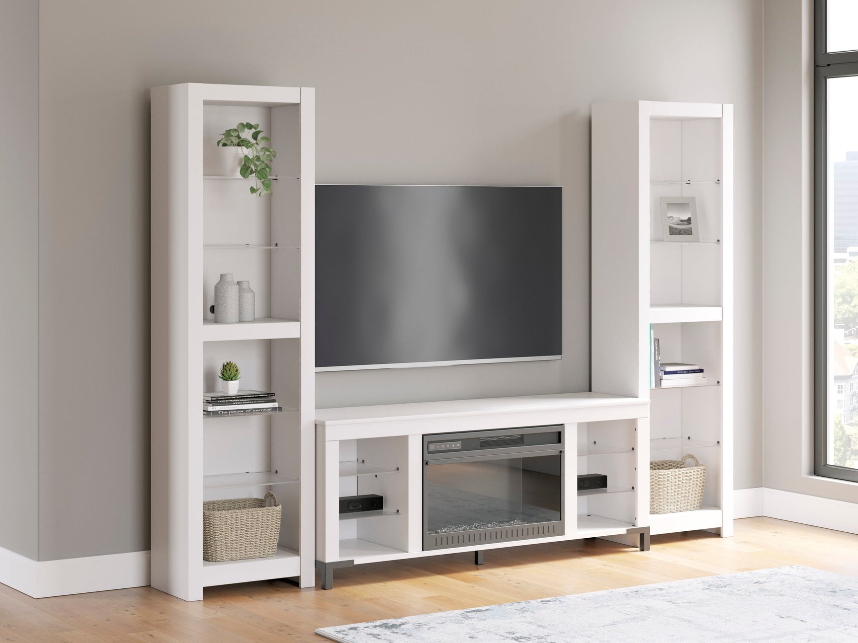 Side view of Brollevi 59" matte white TV stand with LED lights