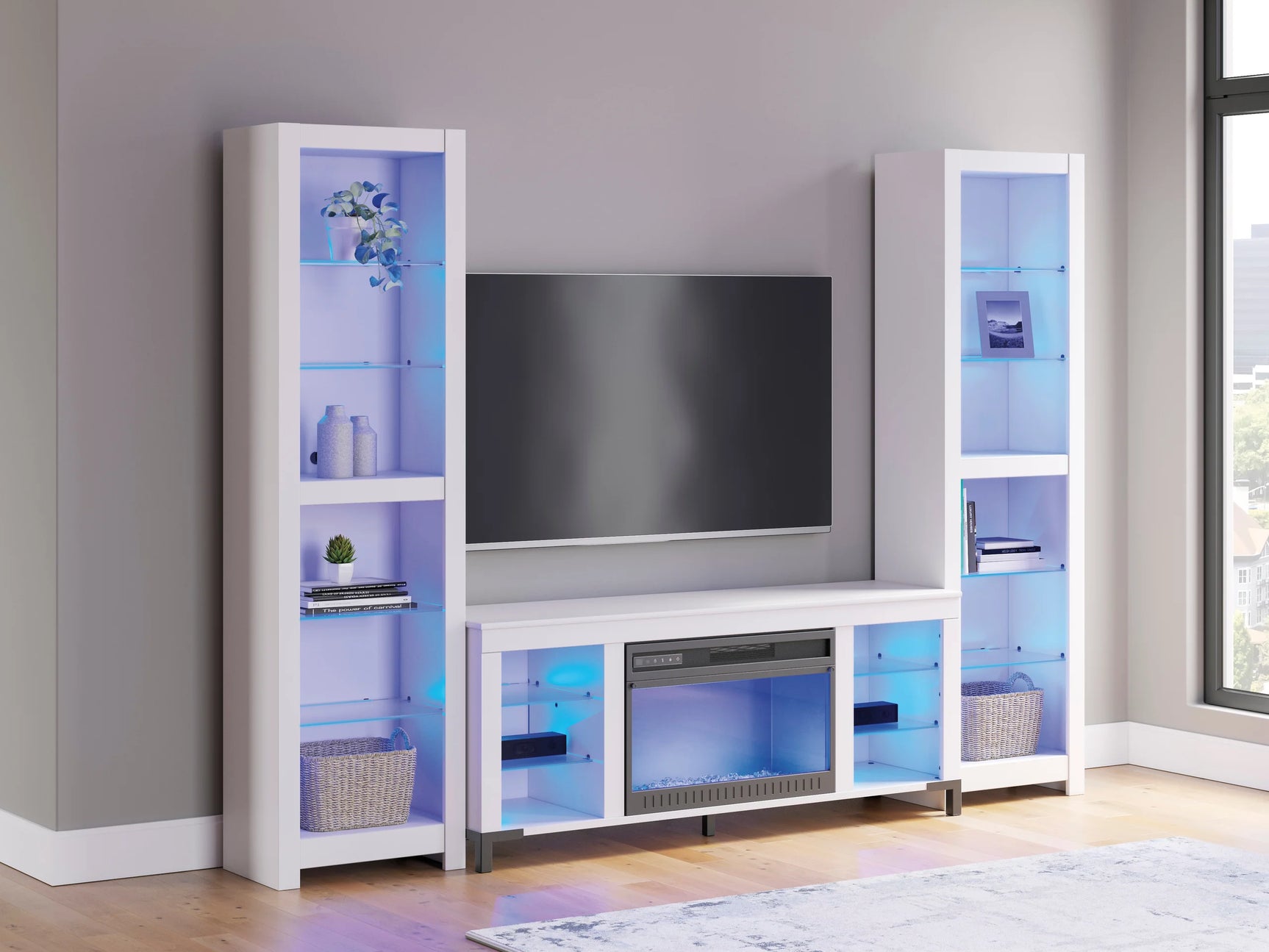 Close-up of fireplace insert on Brollevi white TV stand
