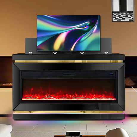 Anith black TV stand with electric fireplace front view