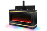 Side angle of Anith black TV stand showing LED lighting and fireplace