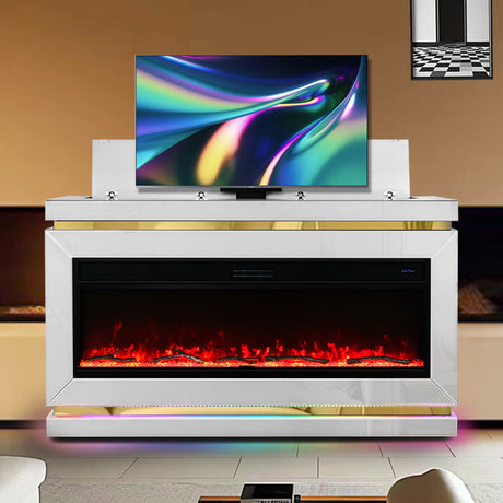 Anith White Electric TV Stand with Fireplace and Bluetooth Speaker front angle