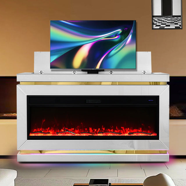 Anith White Electric TV Stand with Fireplace and Bluetooth Speaker front angle