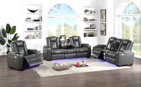 Stefano gray 3-piece reclining set with LED footrest lighting and drop-down table