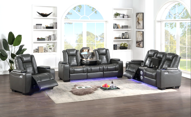 Stefano gray 3-piece reclining set with LED footrest lighting and drop-down table