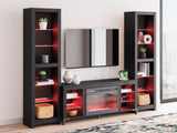 Side view of Cayberry black TV stand showing glass shelves and LED lighting