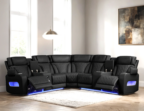 Spain black leather gel power reclining sectional front view