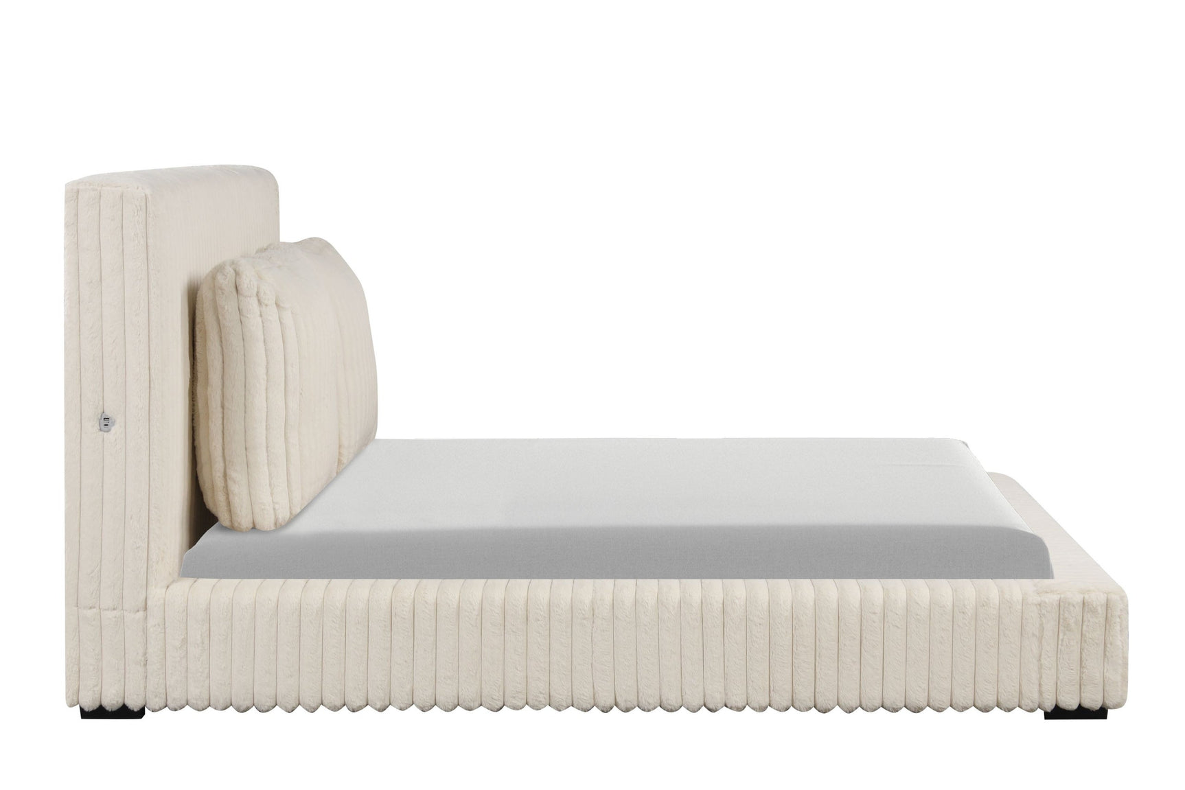 Close-up of beige fabric upholstery on Lauren platform bed