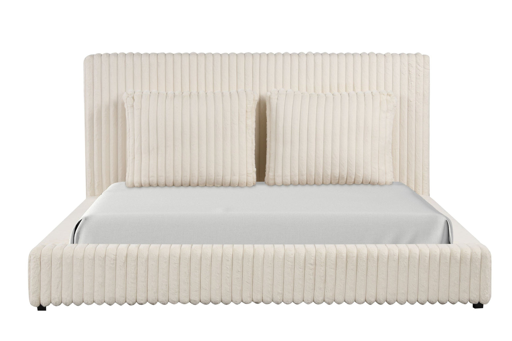 Lauren beige upholstered platform queen bed angled side view