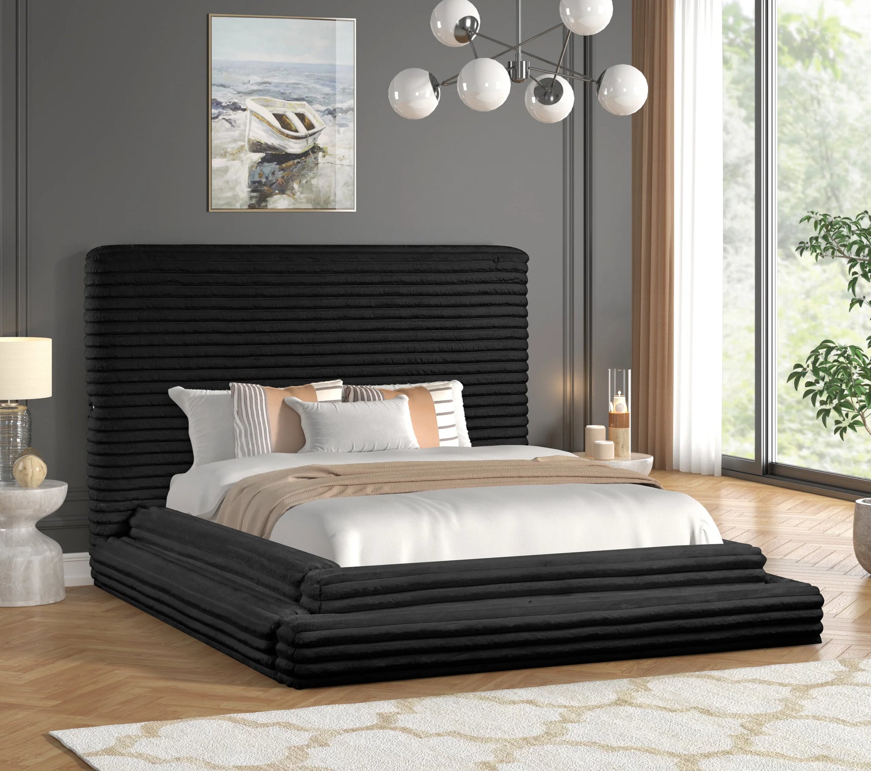 Close-up of Mariah bed black fabric headboard