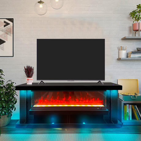 A88 black glass TV stand with electric fireplace, front angle