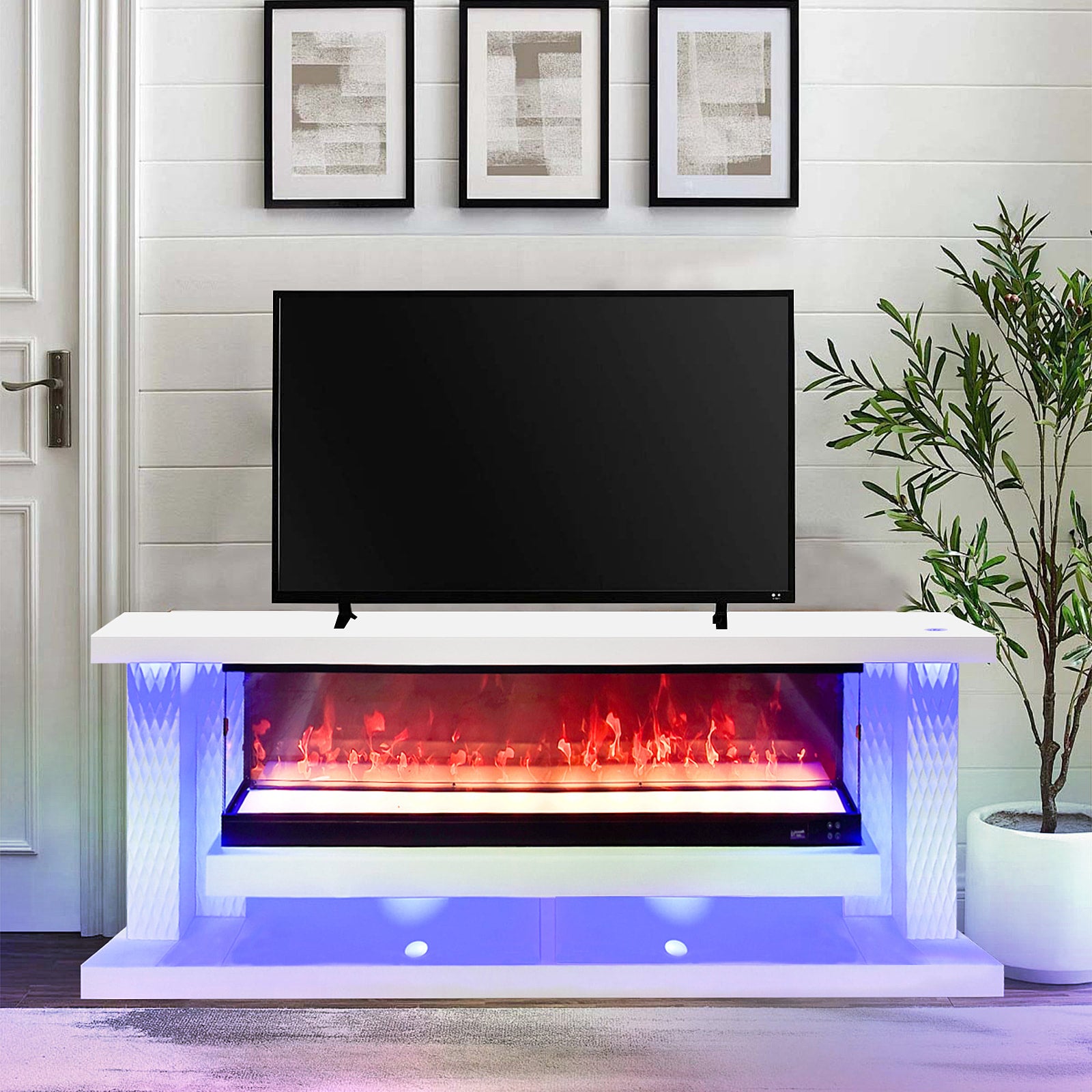 A87 White TV Stand electric fireplace front view