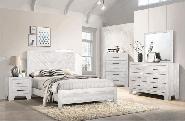 light gray panel bed with dresser, mirror, and nightstands set