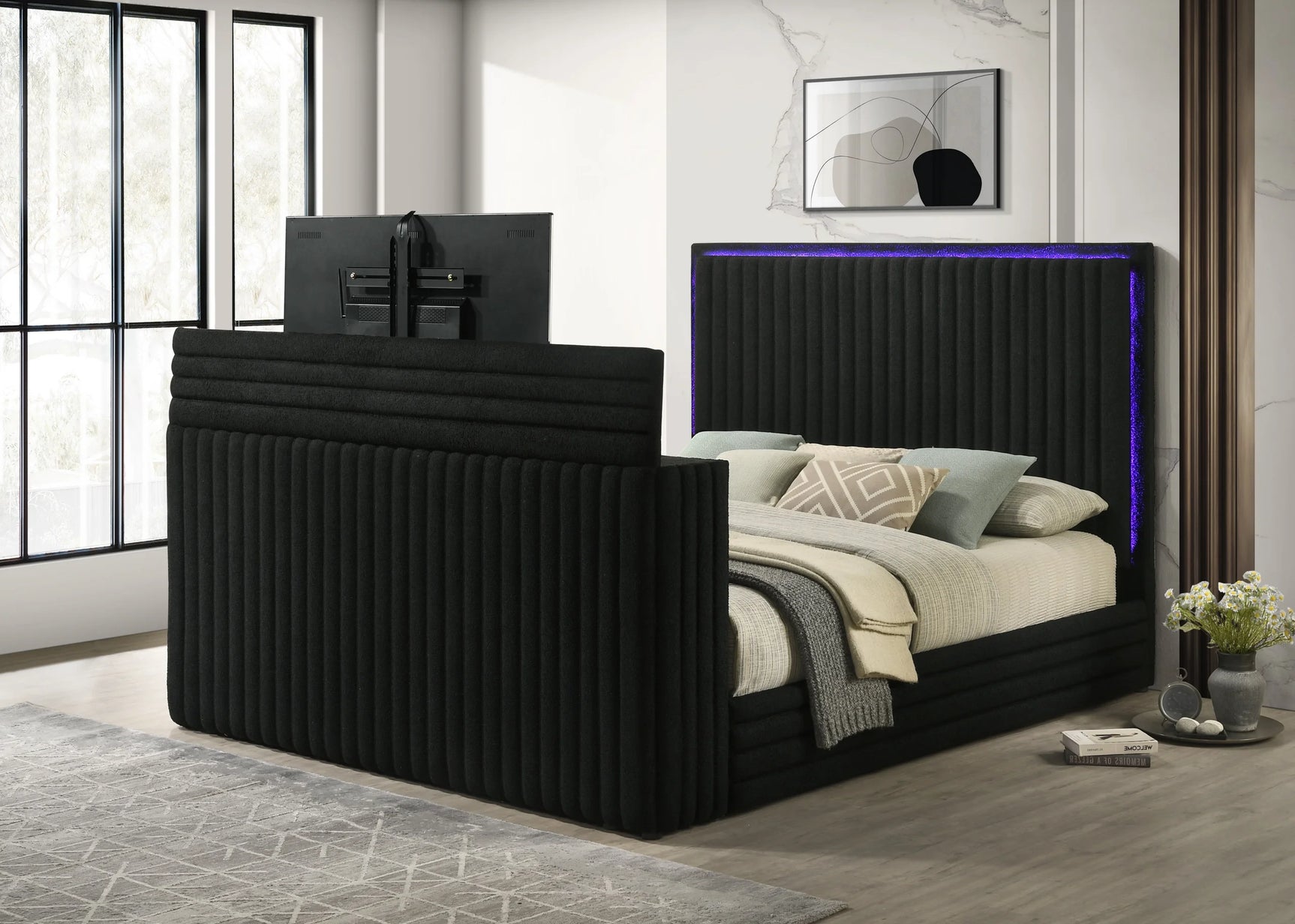 Villa footboard showing multi-color LED fireplace and TV stand