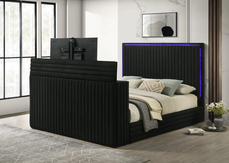 Villa footboard showing multi-color LED fireplace and TV stand