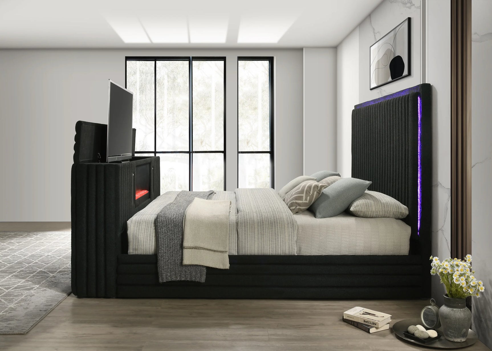 Side angle of Villa King Bed showing Bluetooth speakers and LED lights