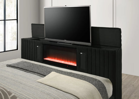 Side view of Villa black upholstered platform bed