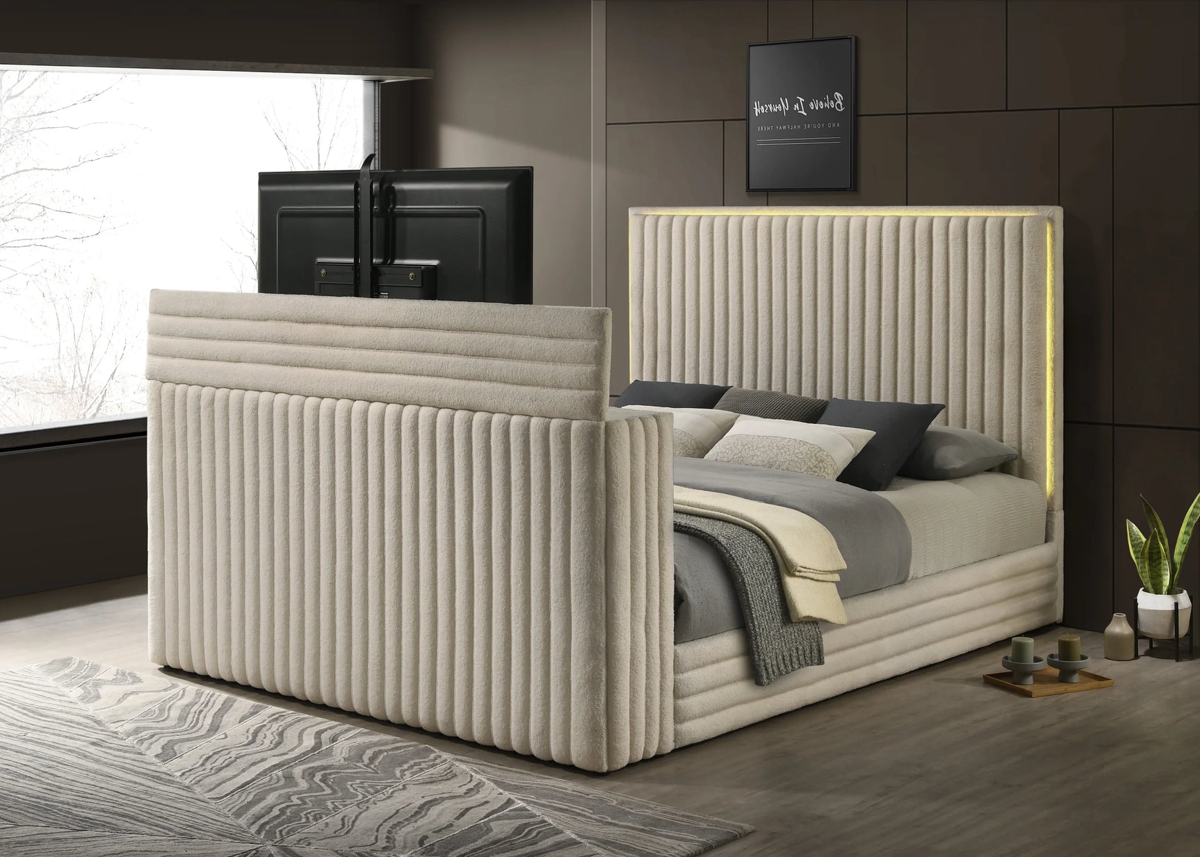 LED fireplace display on the footboard of Villa platform bed