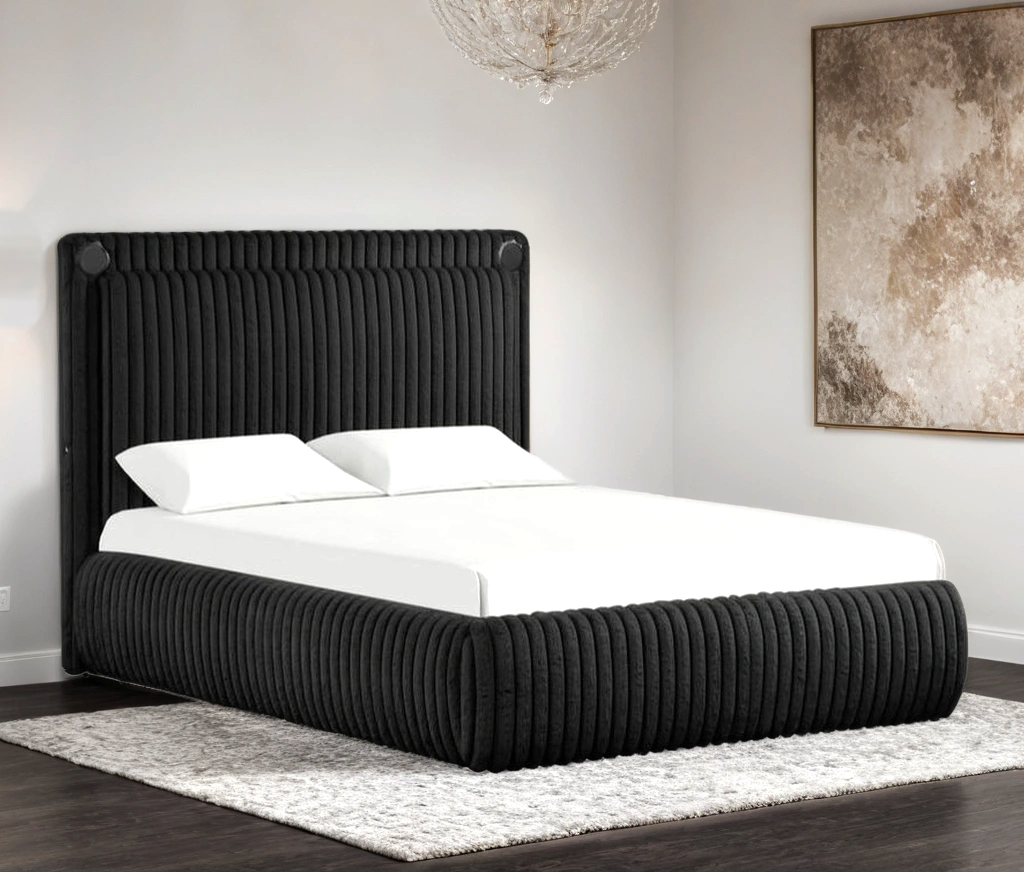 Diana Black fabric bed USB charging port detail